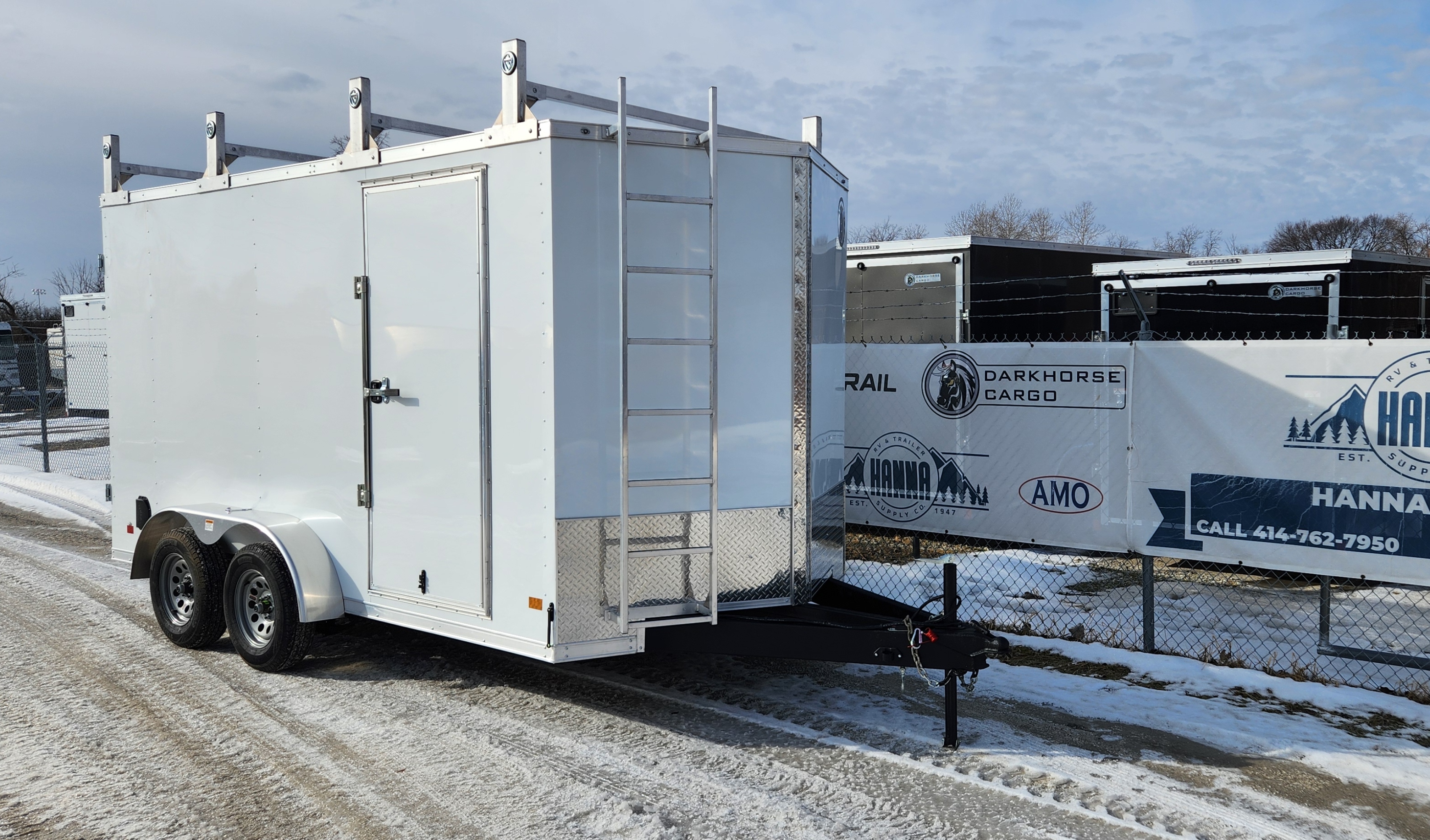 DarkHorse 7X14 Wedge Nose Tandem Axle Steel Contractor Cargo Trailer with Double Rear Doors, 12" Extra Height - 2500 Series - White